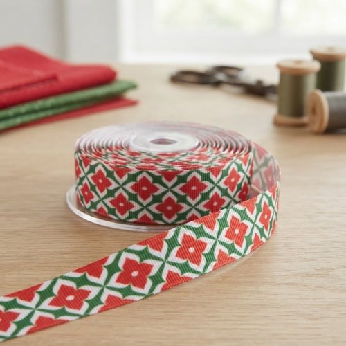Ruban gros grain 22mm motifs géométriques vert et fleurs rouges en coupon de 2 m