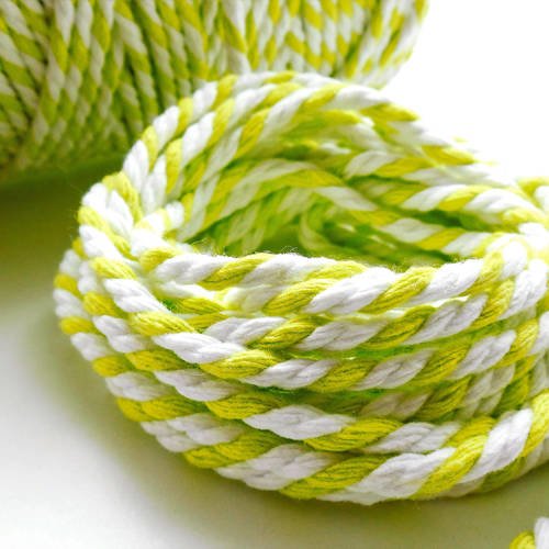 Coupon de 5 mètres de corde épaisse &quot;baker's twine&quot;, vert anis et blanc, 3 brins, 4 mm