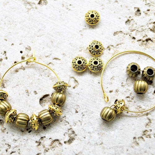 Kit paire supports boucle d'oreilles créoles dorées, perles intercalaires ovales et rondes bronze rainures, 18*19 mm