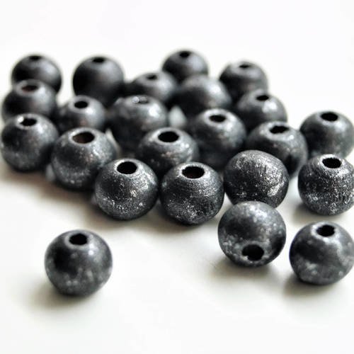 50 perles rondes 8 mm en bois noir argenté