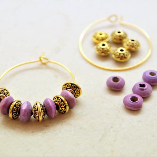 Kit paire supports boucle d'oreilles créoles doré, perles intercalaires ovales, soucoupes violettes 18*19 mm