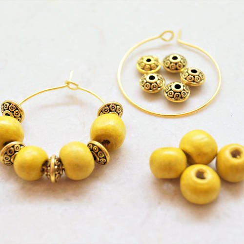 Kit paire supports boucle d'oreilles créoles dorées, perles intercalaires ovales, rondes jaunes 18*19 mm