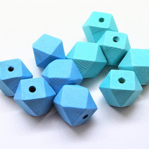 Kit de 10 perles polygones en bois naturel, peints bleu et vert tendre, 20 mm