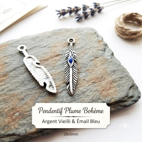 Pendentifs plumes argent vieilli incrusté émail bleu 28*5mm par 10