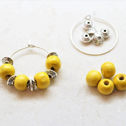 Kit paire supports boucle d'oreilles créoles argentées, perles intercalaires ovales, rondes jaunes 18*19 mm