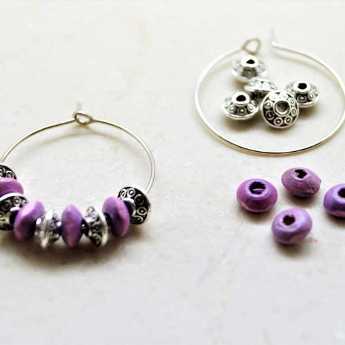 Kit paire supports boucle d'oreilles créoles argenté gun, perles intercalaires ovales, soucoupes violettes 18*19 mm