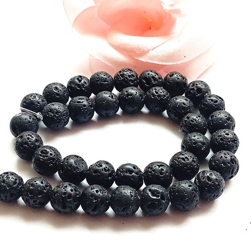 Perles rondes 8 mm pierre de lave volcanique noire