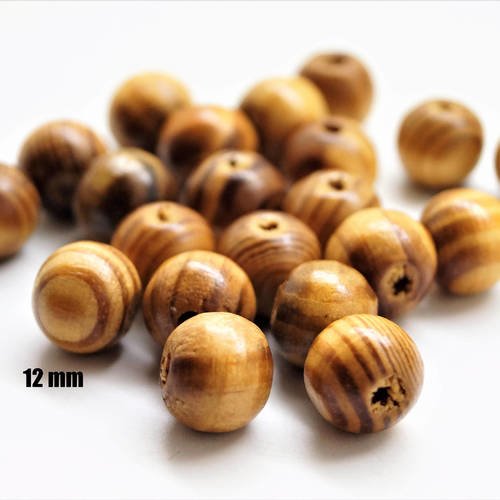 25 perles rondes en bois rayé, zebré marron café - 12 mm
