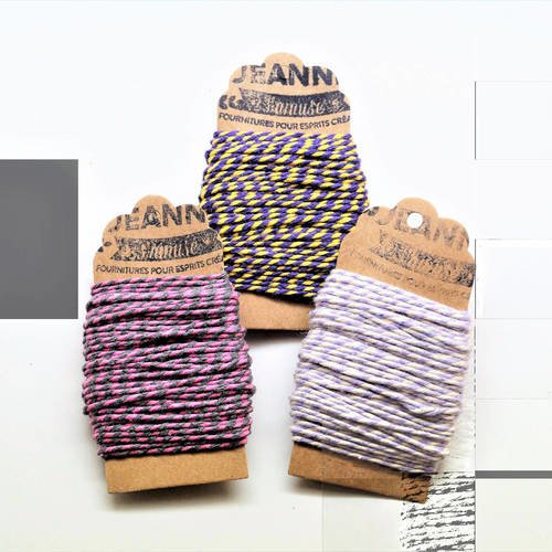 Kit 3 coupons ficelles coton bakers twine,  jaune-violet, blanc-mauve, rose-gris , 3 x 10 m