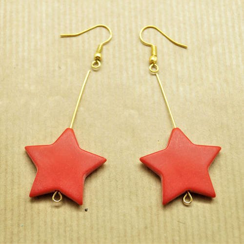 Kit paire de boucles d'oreilles étoiles rouges acryliques, métal doré