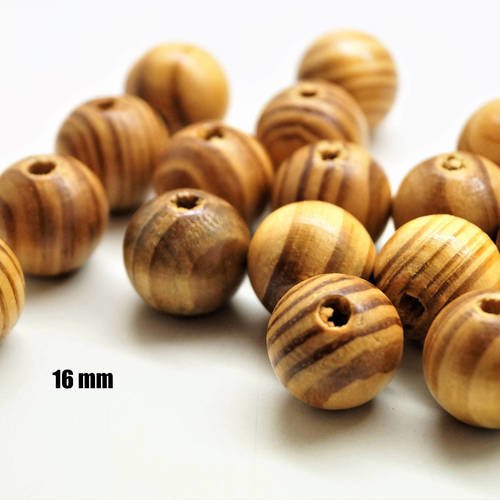 Perles rondes en bois de pin rayées café 16 mm