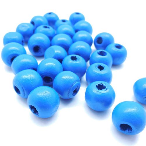Lot de 50 perles en bois naturel, peintes bleues, rondes lisses, 10-9 mm