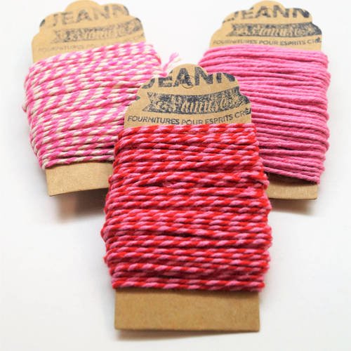 Kit 3 coupons ficelles coton bakers twine, rose, rose-blanc, rose-rouge, 3 x 10 m
