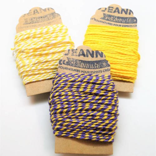 Kit 3 coupons ficelles coton bakers twine, jaune, jaune-blanc, jaune-violet, 3 x 10 m