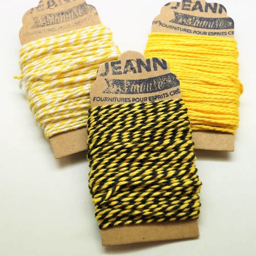 Kit 3 coupons ficelles coton bakers twine, jaune, jaune-blanc, jaune-noir, 3 x 10 m