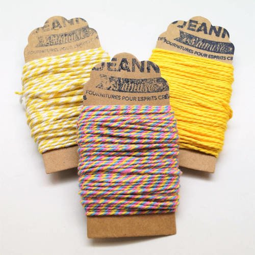 Kit 3 coupons ficelles coton bakers twine, jaune, jaune-blanc, jaune-rose-bleu ciel-jaune, 3 x 10 m