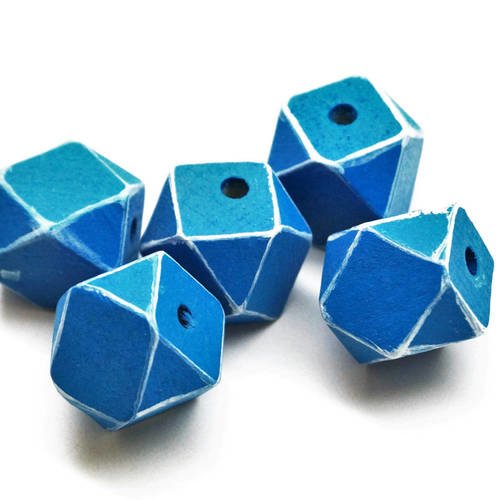 Lot de 10 perles en bois naturel, peintes en bleu et bordures blanches forme polygone 20 mm