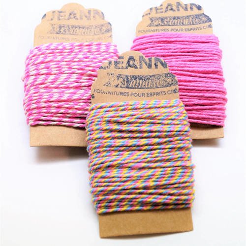 Kit 3 coupons ficelles coton bakers twine, rose, rose-blanc, rose-bleu-jaune, 3 x 10 m