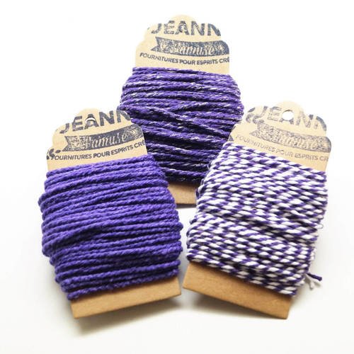 Kit 3 coupons ficelles coton bakers twine,  violet, violet et blanc, violet et fil métallisé, 3 x 10 m