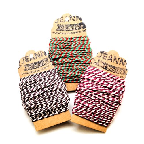 Ficelles coton bakers twine,  prune-blanc, marron-blanc, rouge-vert, 3 x 10 m