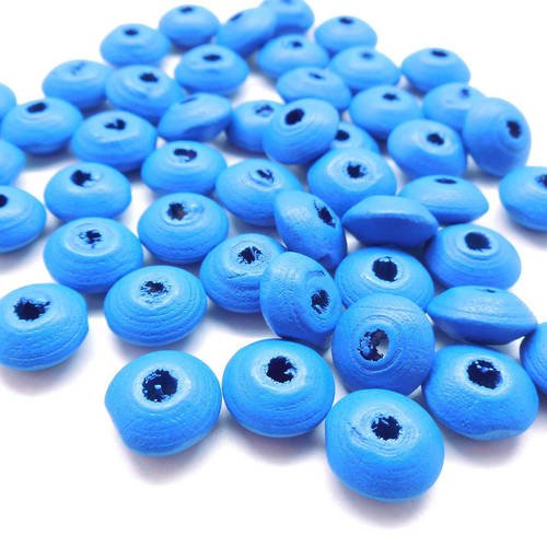 Lot de 50 perles en bois naturel, peintes bleues, soucoupes lisses, 10x5 mm