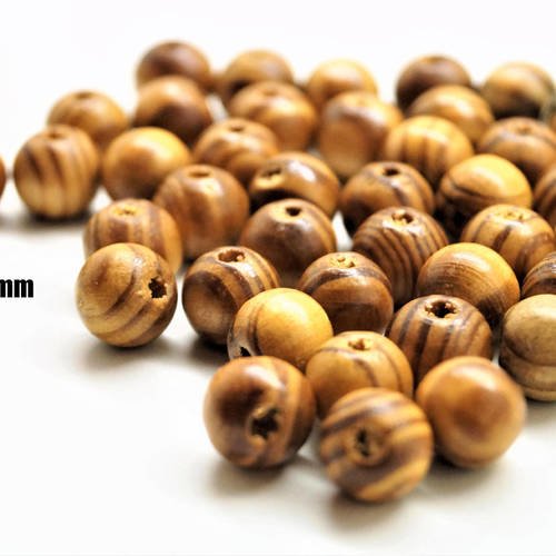 Perles rondes en bois rayé, zébré marron, café - 10 mm