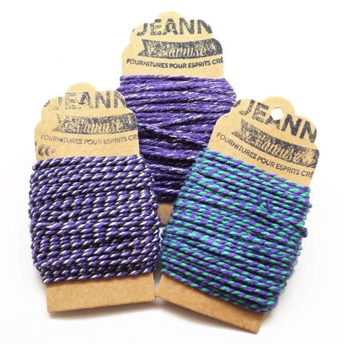 Kit 3 coupons ficelles coton bakers twine,  violet et vert, violet-noir-blanc, violet et fil métallisé, 3 x 10 m