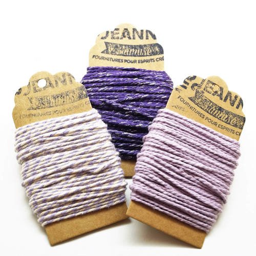 Kit 3 coupons ficelles coton bakers twine,  parme, parme et blanc, violet et fil métallisé, 3 x 10 m