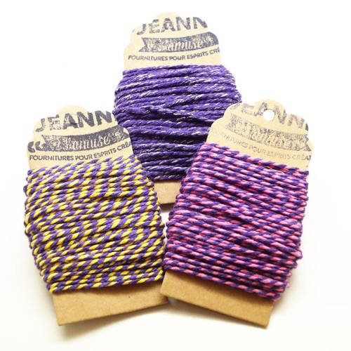 Kit 3 coupons ficelles coton bakers twine,  violet et jaune, violet et rose, violet et fil métallisé, 3 x 10 m