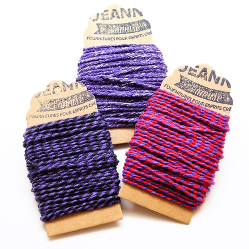 Ficelles coton bakers twine,  violet,noir et rouge, violet et fil métallisé, 3 x 10 m