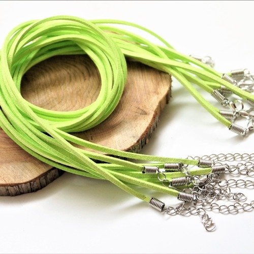 Lot de 5 cordons, colliers suédine vert fluo avec mousqueton et chaînette d'extension argentés, 53 cm