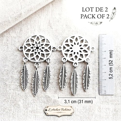 Lot de 2 connecteurs attrape rêves argentés 52x31mm