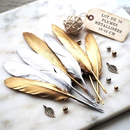 Lot de 10 plumes de canard dorées ou argentées (10-15cm)