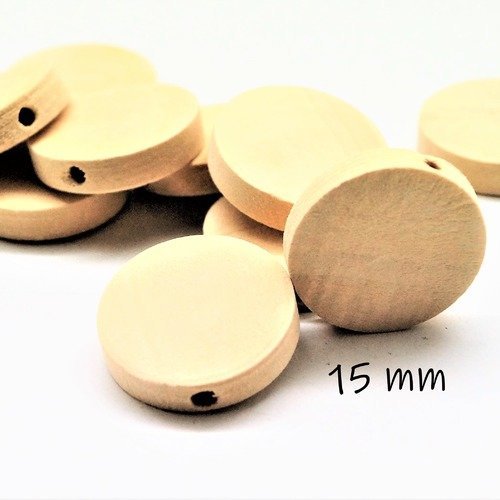 Perles en bois naturel plates 15 mm