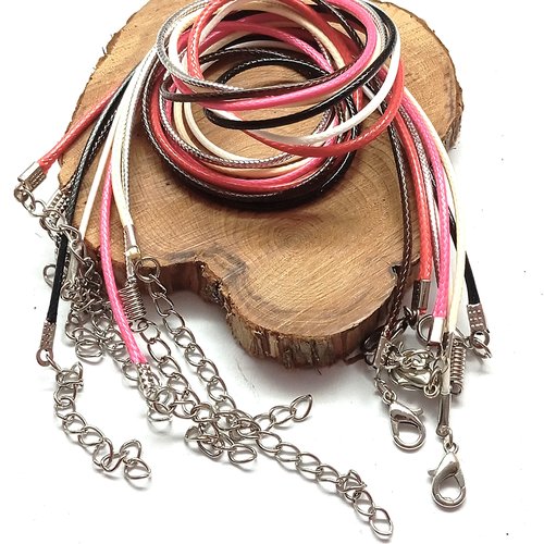 Colliers cordon ciré 50cm avec fermoir et chaine d'extension argenté par 5