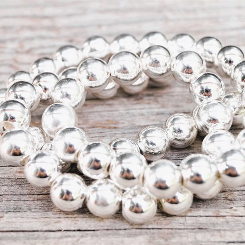 Perles hématite 6 mm rondes argenté brillant