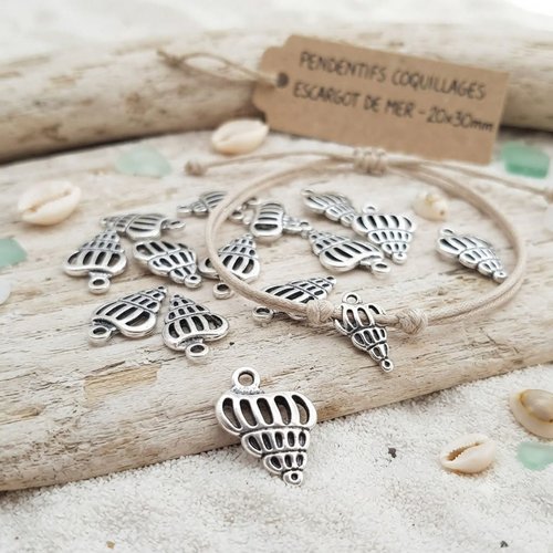 Lot de 10 pendentifs coquillage escargot argenté 20x30mm