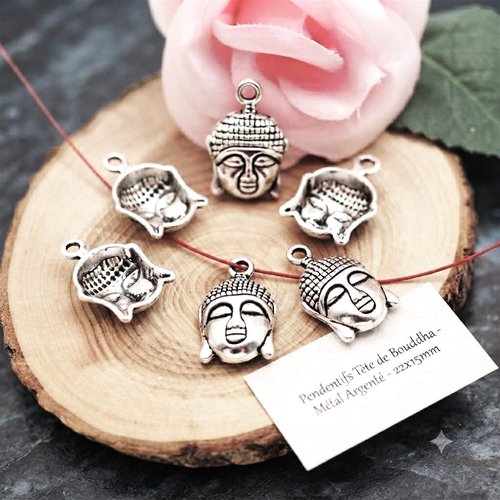Lot de 5 pendentifs tête de bouddha en métal argenté 22*15 mm