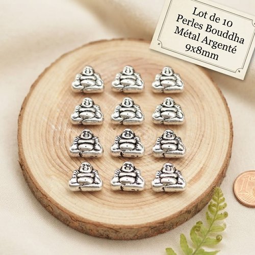 Lot de 10 perles bouddha en métal argenté 9x8mm