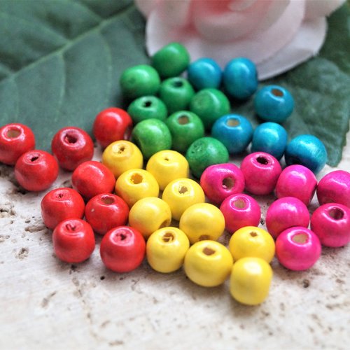 Perles rondes 8 mm en bois rouge, rose, bleu, vert, jaune