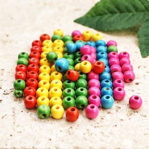 Perles rondes 8 mm en bois rouge, rose, bleu, vert, jaune par 50