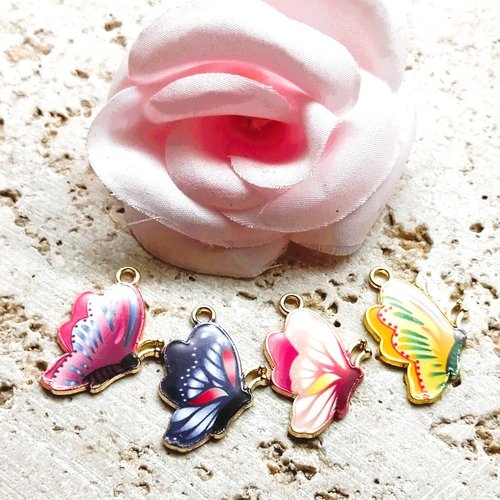 Breloques papillons en métal doré émaillé 24*17 mm par 2