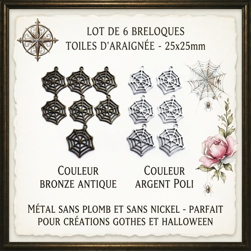 Lot de 6 breloques toiles d'araignée 25x25mm