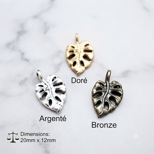 Lot de 6 breloques feuilles monstera en métal 20*12 mm