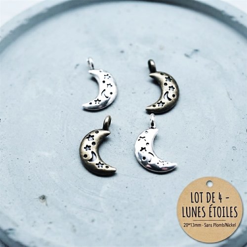 Lot de 4 pendentifs lune et étoiles 20x13mm