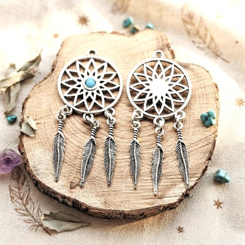 Lot de 2 pendentifs attrape rêves métal argenté et bleu 6,4cm