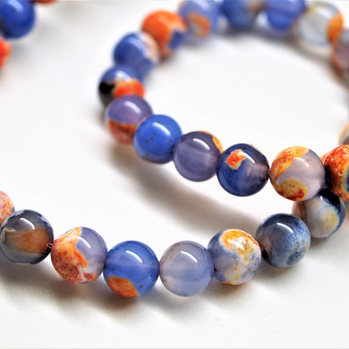 Perles agate veines de dragon bleu et orange 8 mm