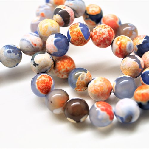 Perles agate veines de dragon bleu et orange 10 mm