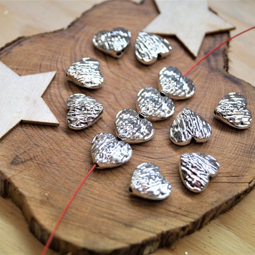 Perles cœurs en métal argenté brillant 12*11 mm