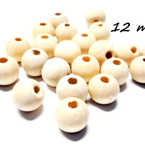 Perles rondes 12 mm en bois naturel